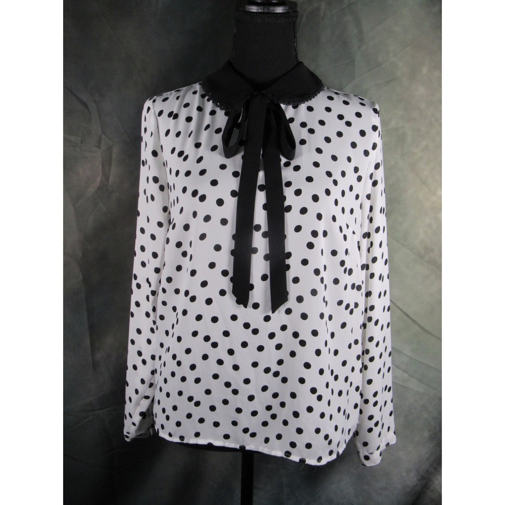 Polka Dot Peter Pan Collar Blouse Small Black White Bow Neck Lace Trim Top